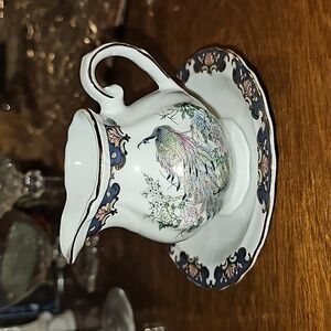 Rich Blue and Gold Peacock w Flowers Tea Size Pitcher Basin Set Creamer & Saucer